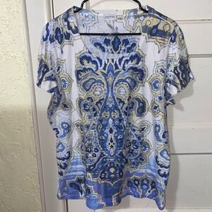 Zenergy By Chico’s Blue, Yellow & White Stretchy Rhinestone Details Blouse